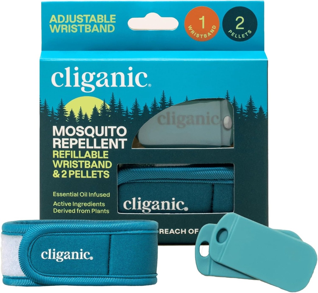 Cliganic Mosquito Repelent Pack (Zapestnica + 2 Ponovno polnjenje Pellets) - Nastavljiv, naravni DEET-free, Essential Oil Infused