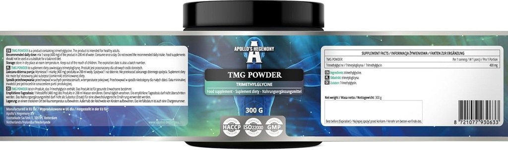 APOLLO'S HEGEMONY TMG Powder 300g - Betain - 2000mg Trimetilglicin na serviranje - 150 Serving na paket - Brez dodatkov - Razvejane verige aminokislin - Metabolit Podpora