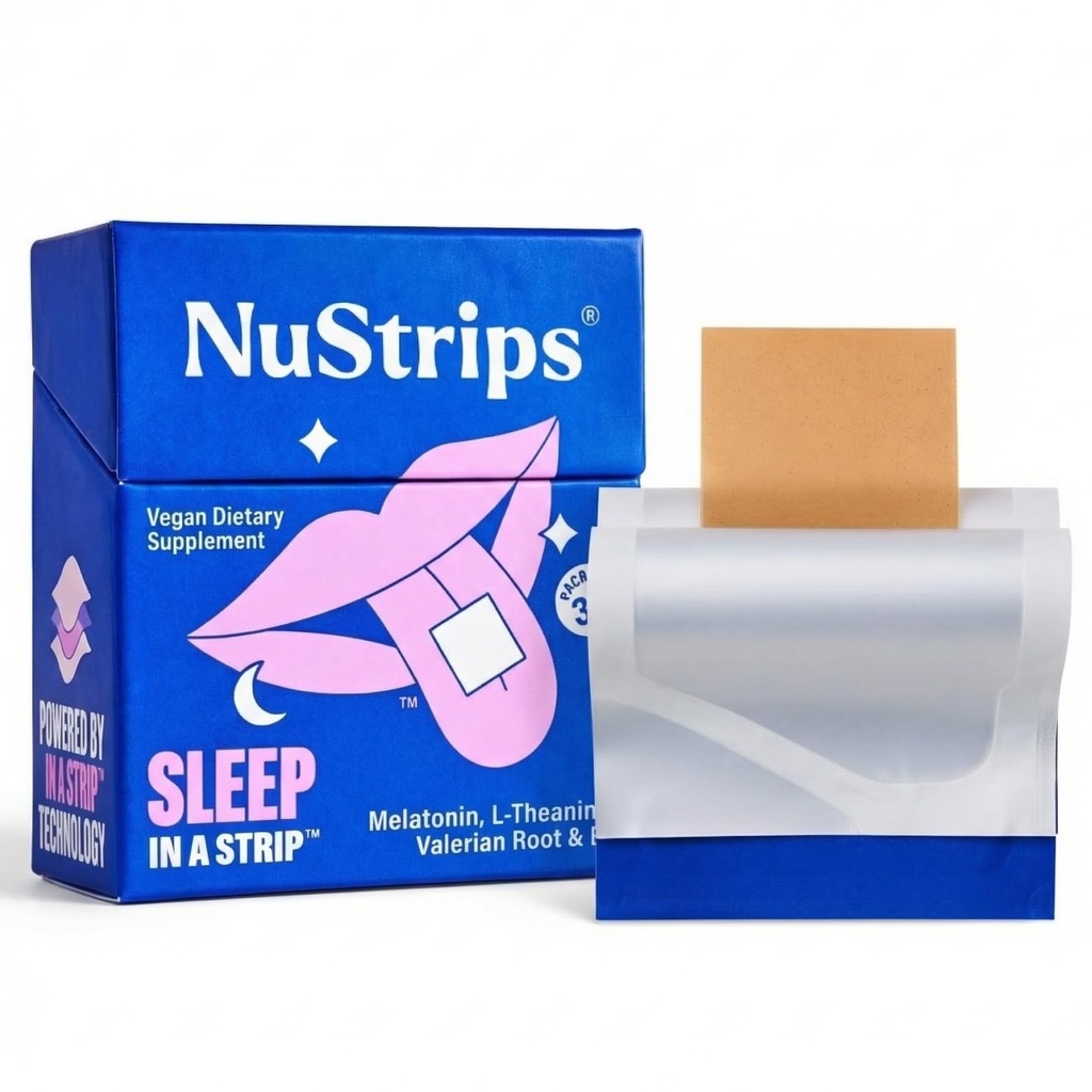 NustripsTM hitro raztapljajoči se spalni trakovi s 5 mg melatonina, variensko korenino, L-teanino in vitaminom B6 – borovničeva aroma - naravni uspavalni aparat, vegan, ne-GMO, gluten prost – hitro zaspi (30 Stripov)