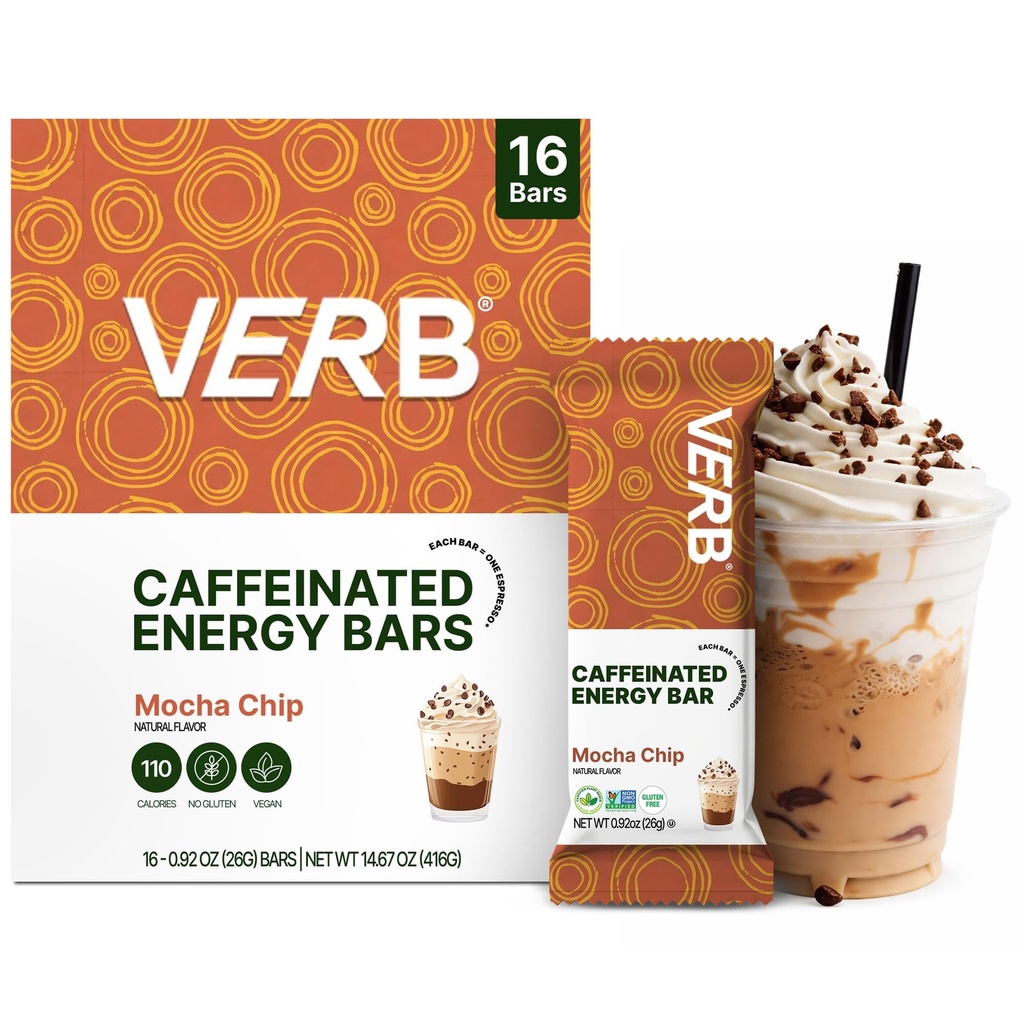 Verb Kofeinated Energy Bars Mocha Chip (26g, Pack of 16) 110-Calorie Delicious Low Sugar Energy Bar - Vegan Gluten Free On-the Go Prigrizek z 80mg zeleni čaj Kofein, Samo realne sestavine