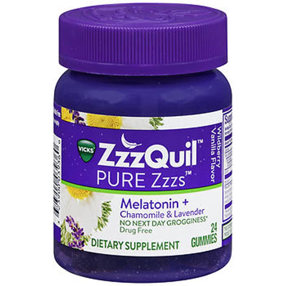 ZzzQuil Pure Zzzs Melatonin Gumies, Sleep Aid, Melatonin 2mg, s kamilico & sivka, Melatonin Sleep Gumies, Sleep AIDS za odrasle, Wildberry Vanilla arome, 24 Sleep Gumies