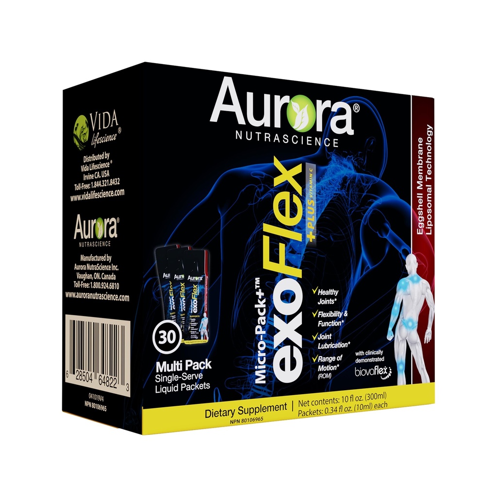 Aurora Nutrascience Micro-Pack Liposomal exoFlex+ z vitaminom C, podpira skupno prilagodljivost in funkcijo, BiovaFlex Eggshell Membrane, Curcumin & Boswellia, Strwaberry Flavor, 30 Enostranski paketi
