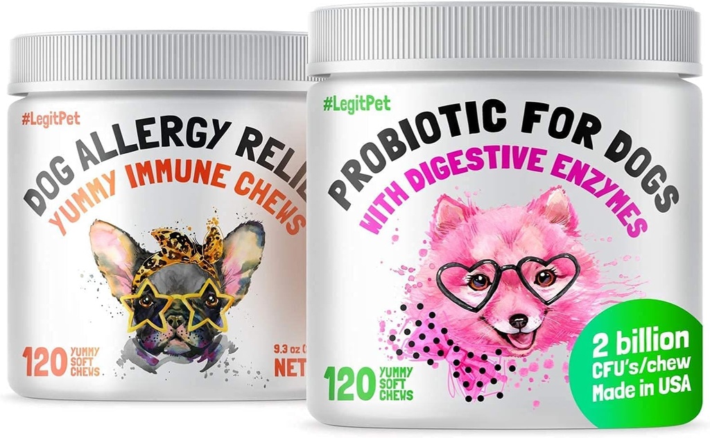 LEGITPET Alergija Relief žveči za pse in imunske podpore s Kelp, Colostrum & Bee Pollen 120 Soft Chews in probiotiki za pse z naravnimi prebavnih encimov 120 Soft Chews Bundle - Izdelano v ZDA