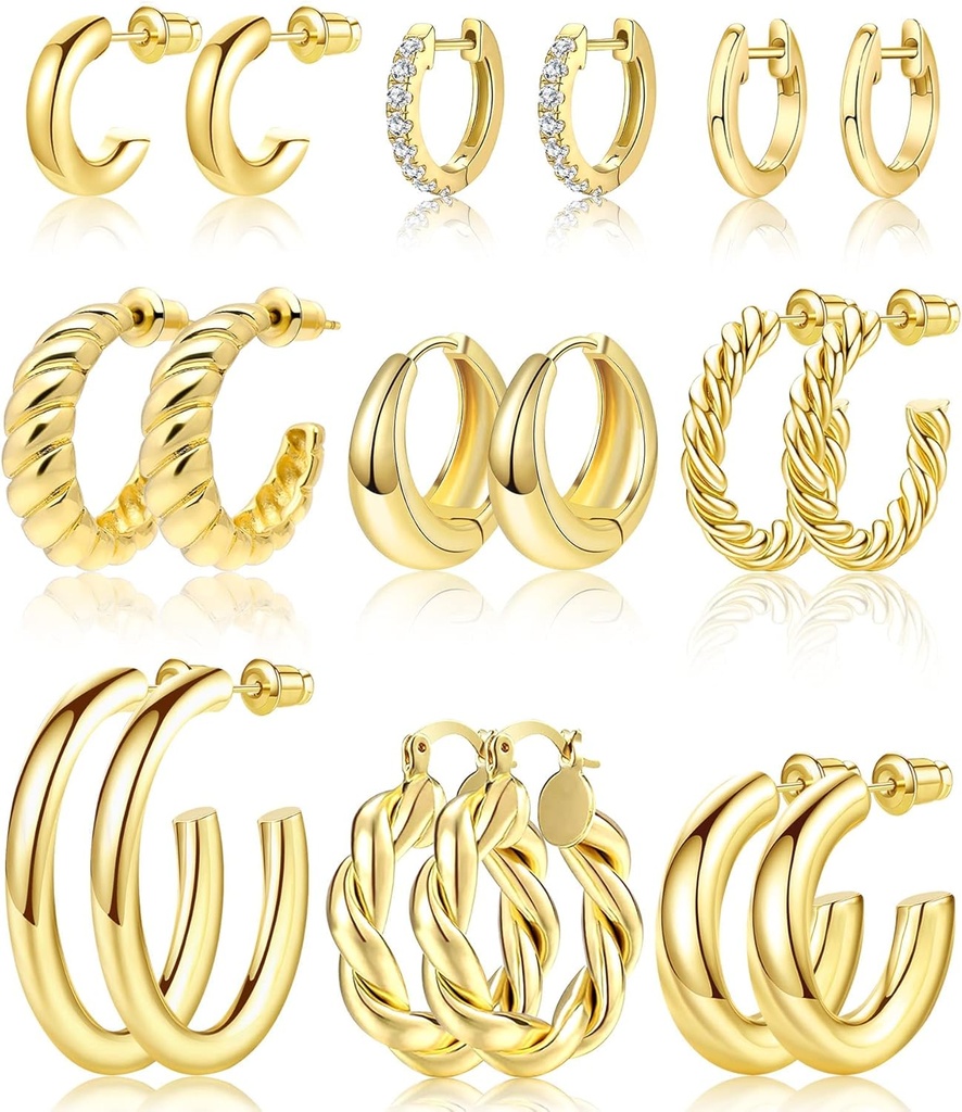 Adoyi 9 Pari Zlati Hoop uhani Garnitura za ženske Zviti Huggie Hoops uhani 14K 18K Zlato Plated za dekleta Valentinovo Materinski dan Darila Lahek