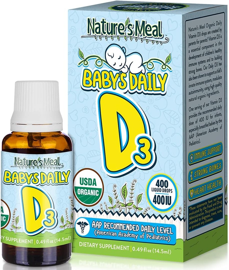Obrok narave – kapljice vitamina D za dojenčke, kapljice vitamina D za imunski sistem, zdravje srca in zdravje kosti, tekoči vitamin D z vitaminom D3 400 i.e. na postrežbo, nearomatizirano, 14,5 ml