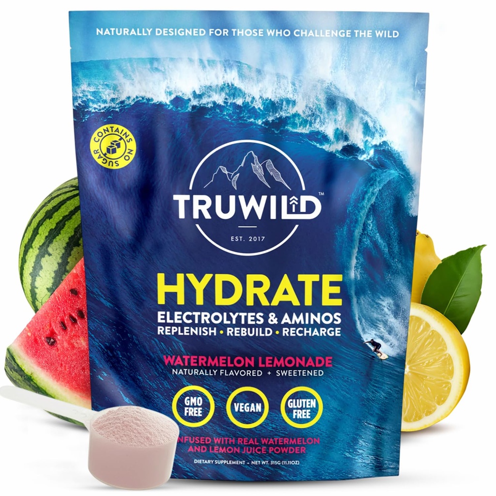 TruWild naravna hidracija v prahu z nič sladkorja, veganski elektroliti + aminokisline, Recovery pijača za vsakodnevno uporabo, Post Workout mišice dodatek z magnezijem (Watermelon limonada)