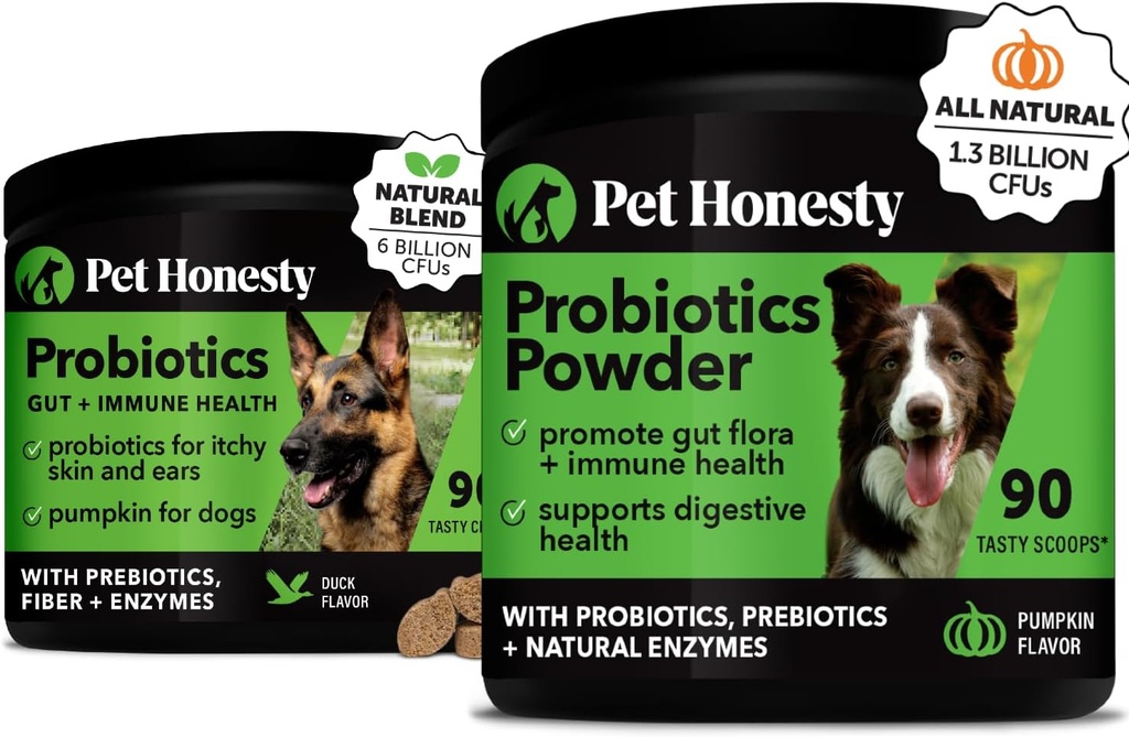 Probiotiki Bundle: Dog Probiotics za drirhea & Bowel podporo žveči in prahu z digestivnimi encimi za zdravje Gut (Duck 90 ct)