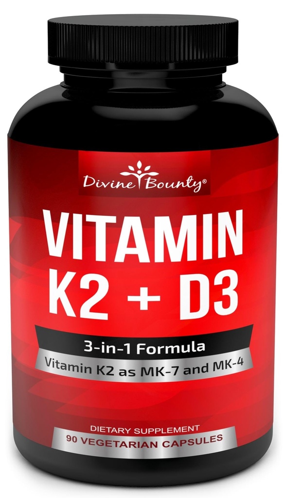 Vitamin K2 (MK7 & MK4) z dodatkom D3 - vitamin K & D kot MK-7 100mcg, MK-4 500mcg in 5000 i.e. vitamin D3 3-v-1 Formula - podpora za kosti in srce - 90 ne-GMO vegetarijanskih kapsul