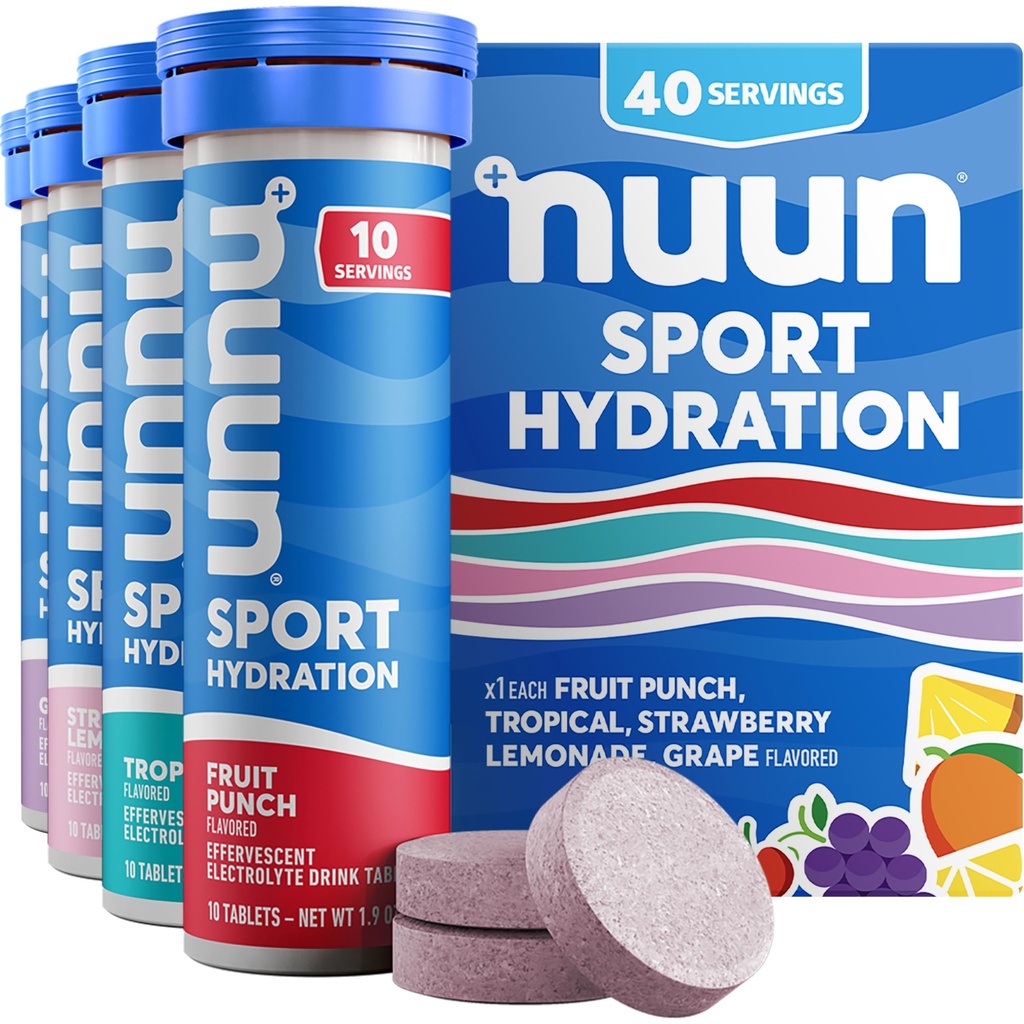 Nuun Sport Elektrolitske tablete z magnezijem, kalcijom, kalijem, kloridom in natrijem, brez glutena in veganom, mešanimi aromami, 4 pakiranja (40 skupaj)