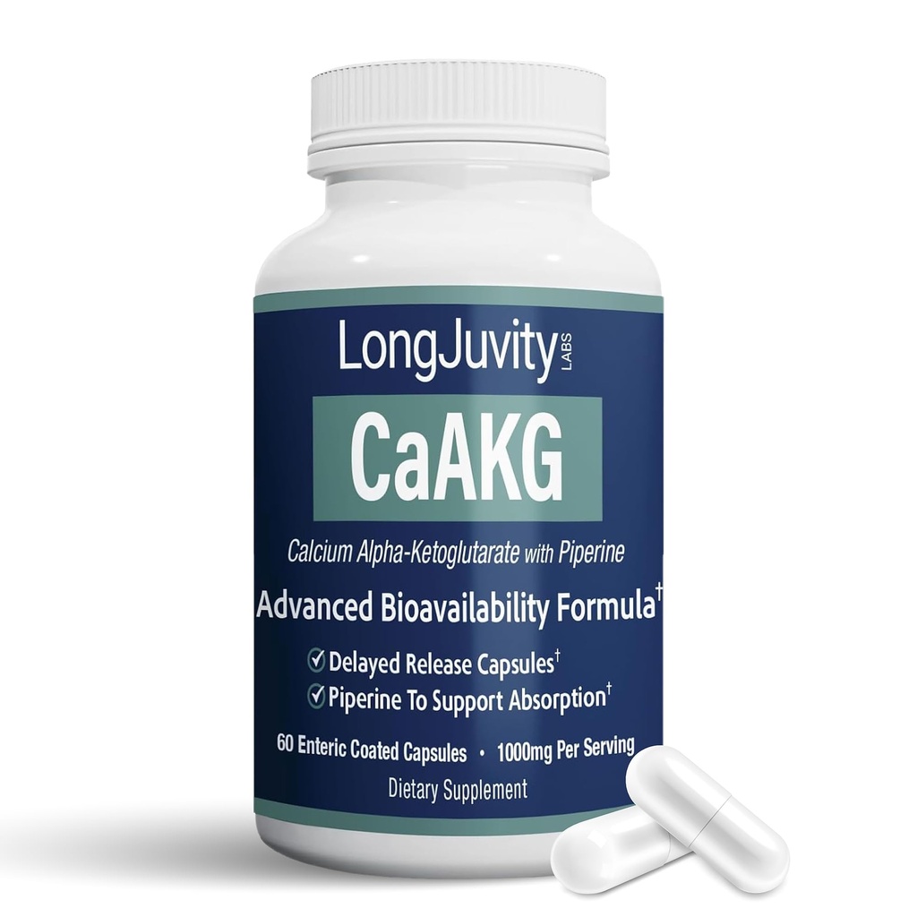 LongJuvity Calcium Alpha-Ketoglutarat čas release AKG dodatek (1.000mg na serviranje) - Gut Heath, zdravje kosti, anti staranje in dolgoživost - Neodvisno laboratorij testiran (60 Enteric Coated kapsule)