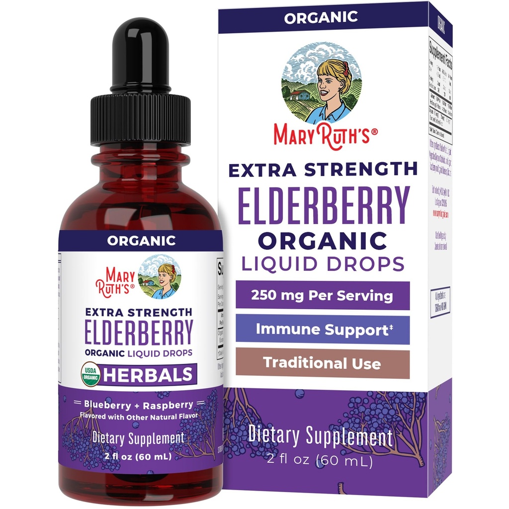 MaryRuth Organics Elderberry Syrup Extra Jakost, USDA Organic Elderberry, Sugar Free Odrasli in otroci Imunska podpora dodatek za starost 1+, Clean Label Projekt Verified®, Vegan, Gluten Free, 2 Fl Oz