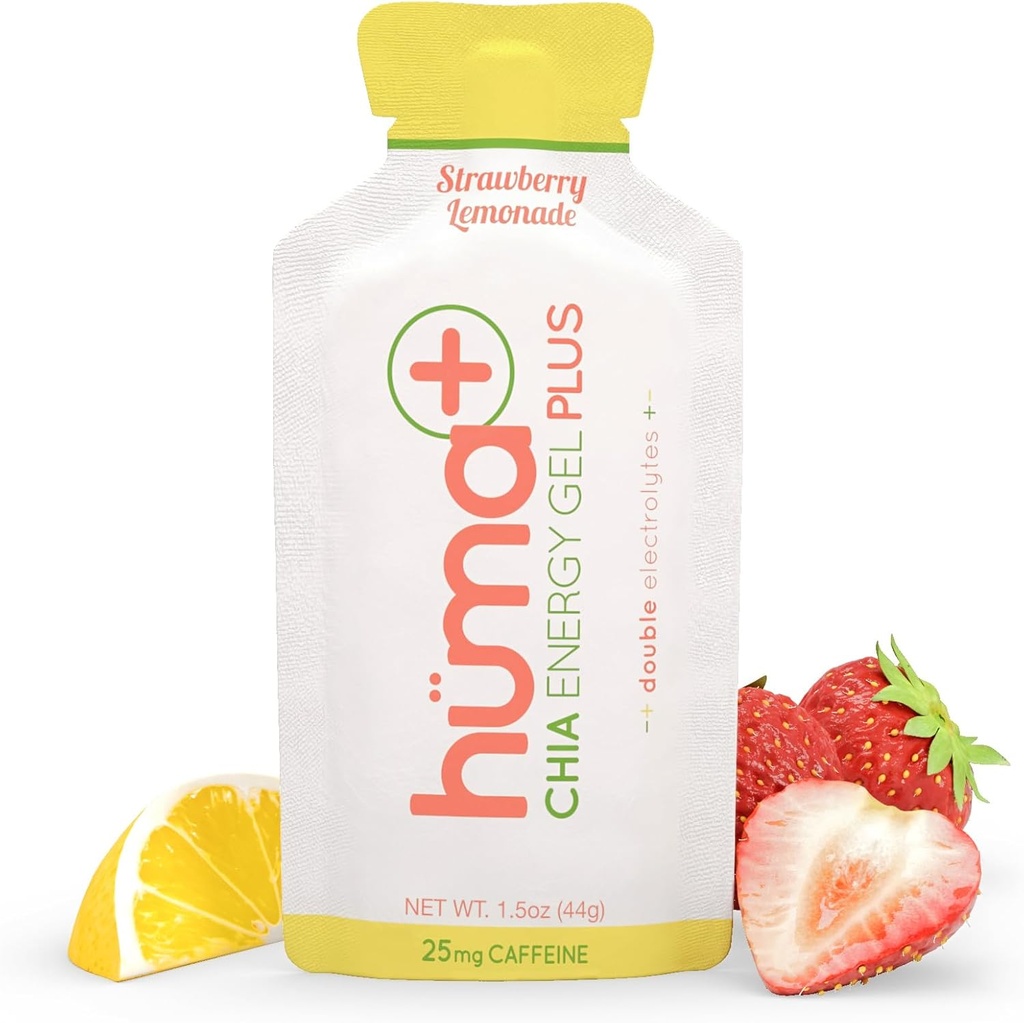 Huma Plus (Double Electrolytes) - Chia Energy Gel, Jagodna limonada, 24 Gels, 25mg Kofein - Želodec prijazno, Real Food Energy Gels