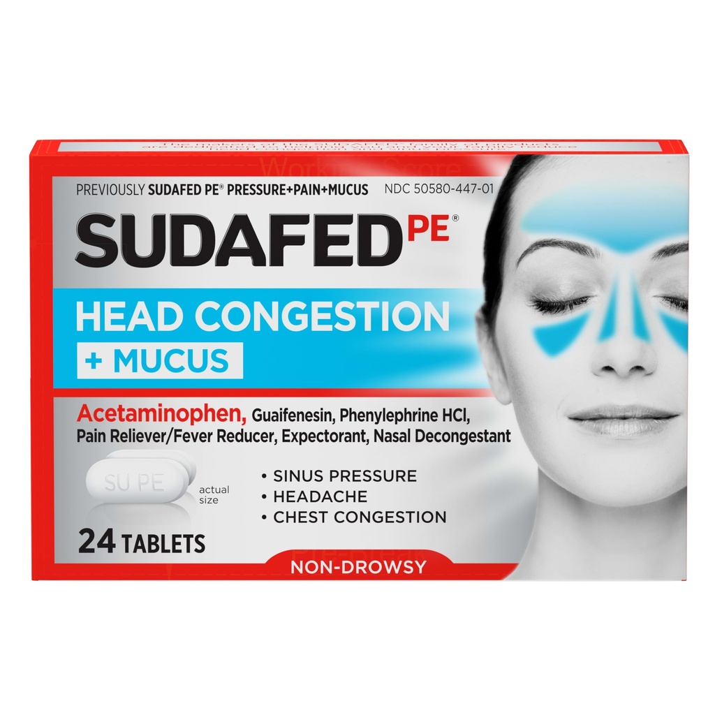 Zamašena PE glava Congestion + Mucus Relief tablete za Sinus tlak, Congestion, & Glavobol, Ne- Drowsy Dekongestiv z acetataminofen, Guaifenesin & Phynephrine HCI, 24 ct