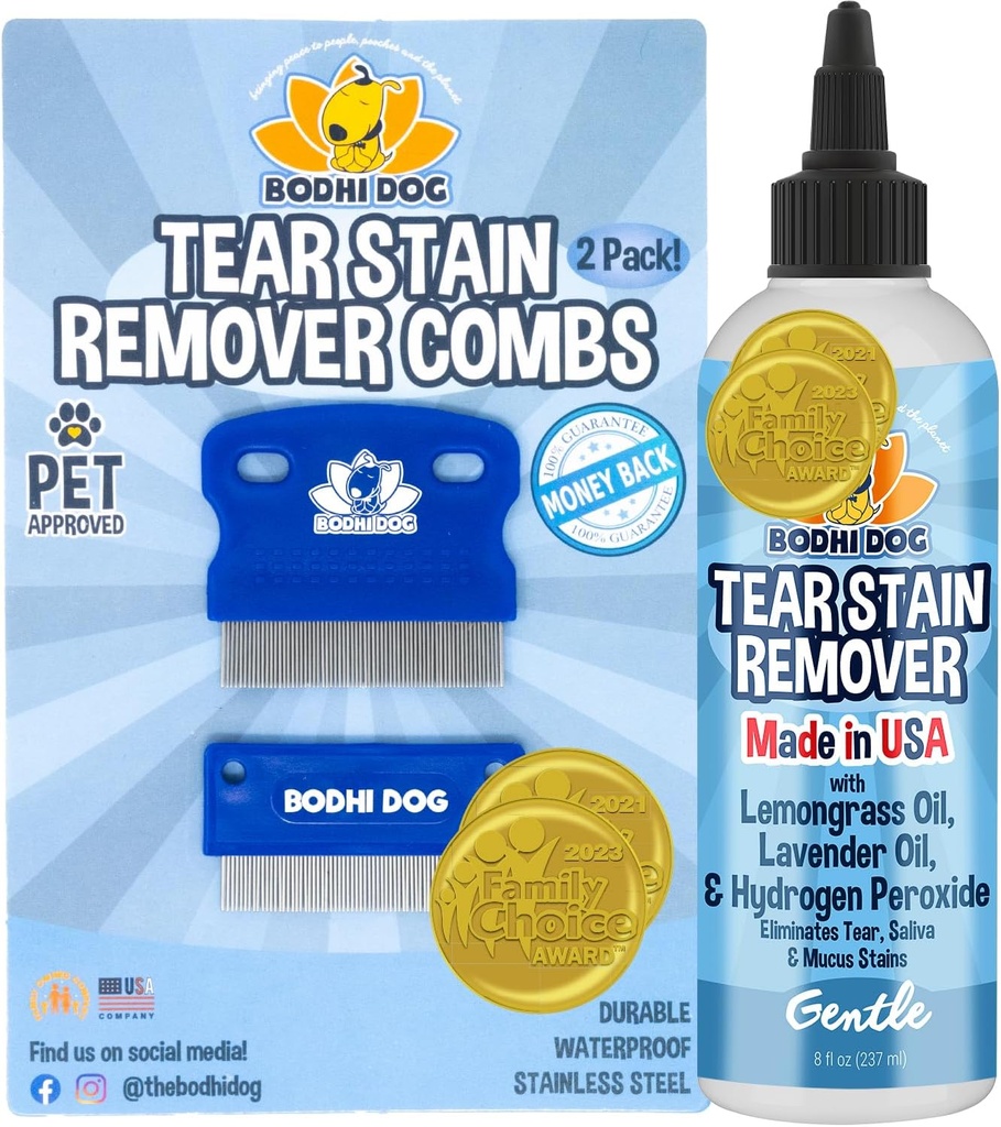 Bodhi pes Tear Stain Odstranjevalec in Tear Stain Odstranjevalec Combs - nežno odstrani madeže, umazanijo iz hišnih oči - Sef in nežna na psih in mačkah - Čisti občutljivo krzno - Idealno za Grooming in Tear Stain preprečevanje
