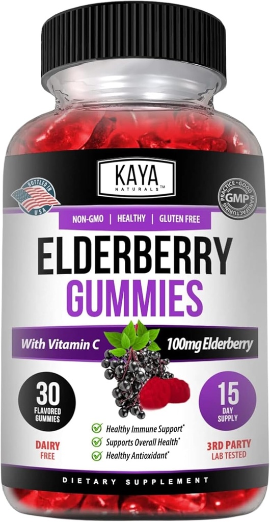 Kaya Naturals Imunska podpora Vegetarian Vitamin Gummy, cink, Vitamin C, Bezgove jagode, Vitamin E, Lemon Flavor (30 Gummies)