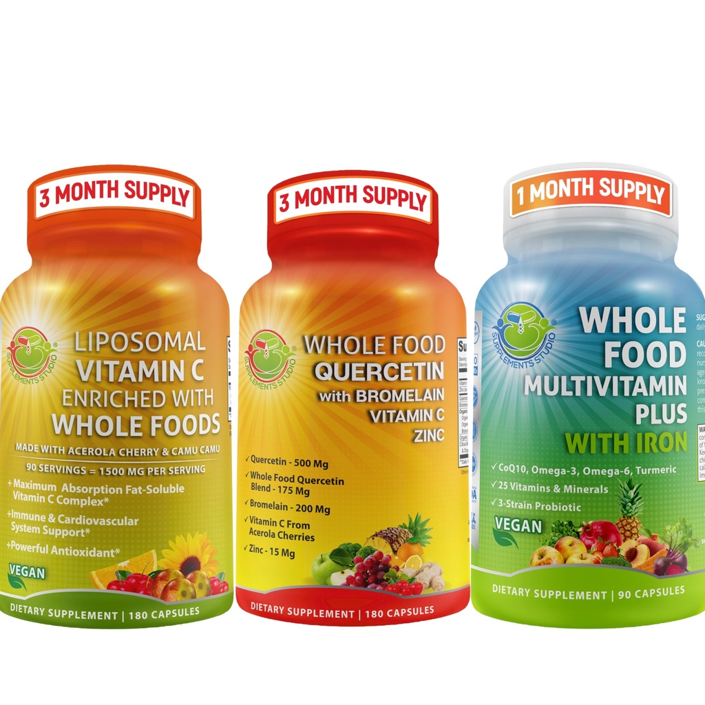 Popoln dnevni vitamini - Quercetin z bromelainskim dodatkom z multivitaminom Plus za moške in ženske z železom in liposomskim vitaminom C tekoči gel - za imuno, dihala, prebavna podpora