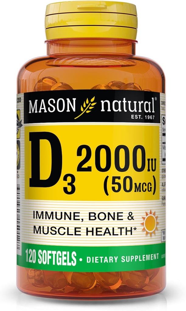 MASON NARAVNI vitamin D3 2.000 i.e. ultra moč, podpira gostoto kosti, moč in imuno zdravje, 120 Softgels