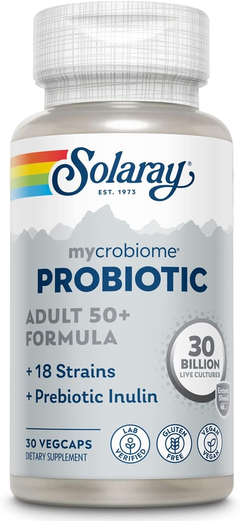 SOLARAY Mycrobiome Probiotic Adult 50 Plus Formula, Probiotiki za ženske in moške, zdravo prebavo, Presnova, Energija, Podpora Colon in urinarni trakt, 30 milijard CFU, 30 Serving, 30 VegCaps