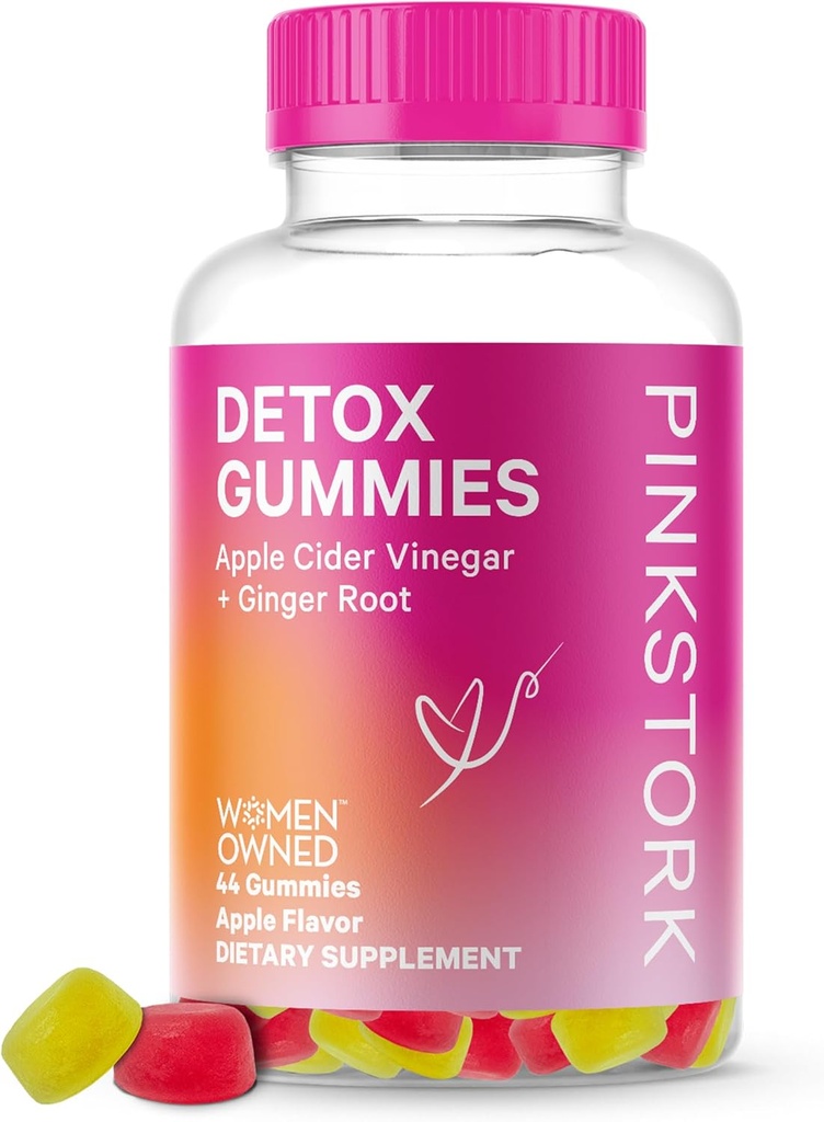 Pink Stork Detox Gummies, Apple Cider Vinegar Gummies z ingver za pomoč podporo napenjanje, Gut zdravje in prebavljanje, žvečljivi ACV Gummies - 44 Število, 1 pakiranje, 0,3 funtov