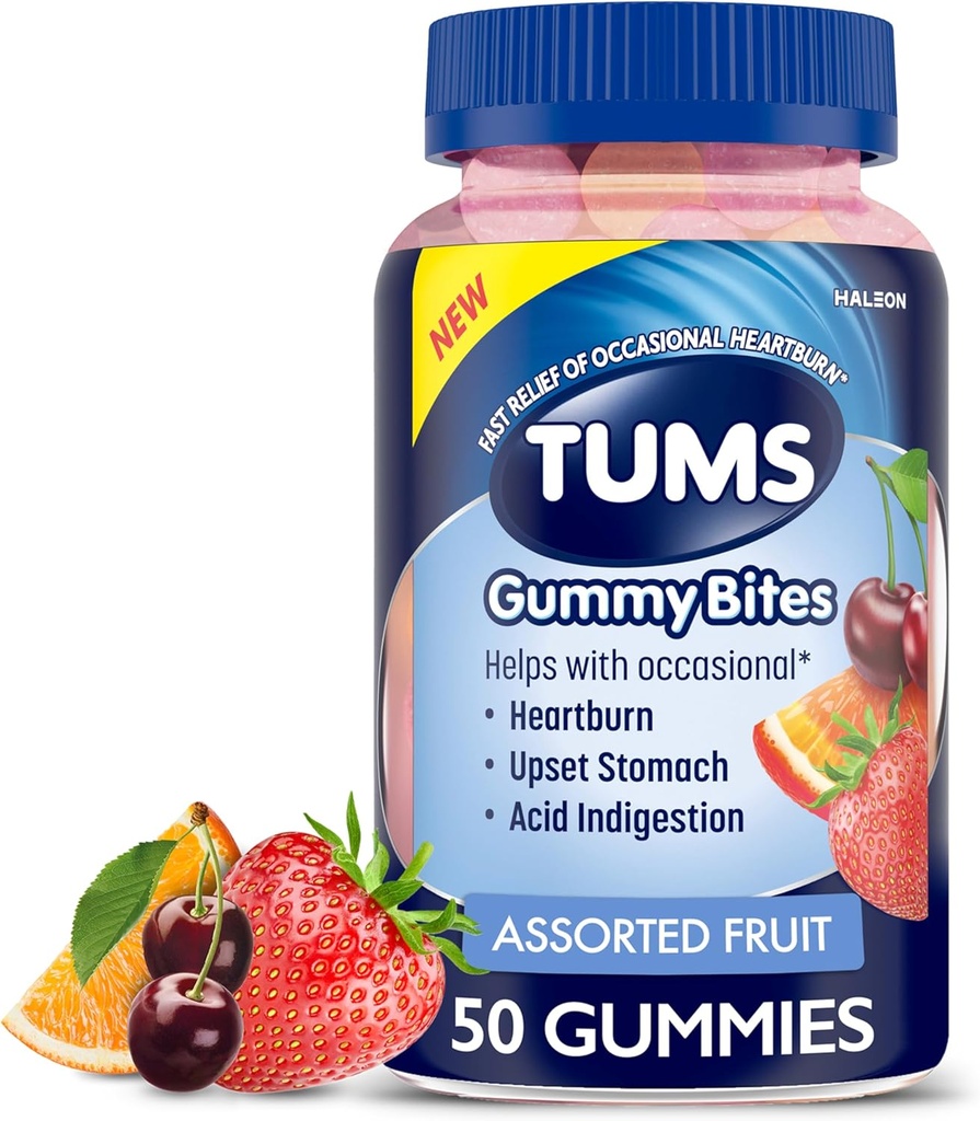 TUMS Gummy ugrizi Prehranska dopolnila za občasno zgago Relief, upset želodčne in kisline prebavne motnje, Razvrščene sadne arome - 50 Število