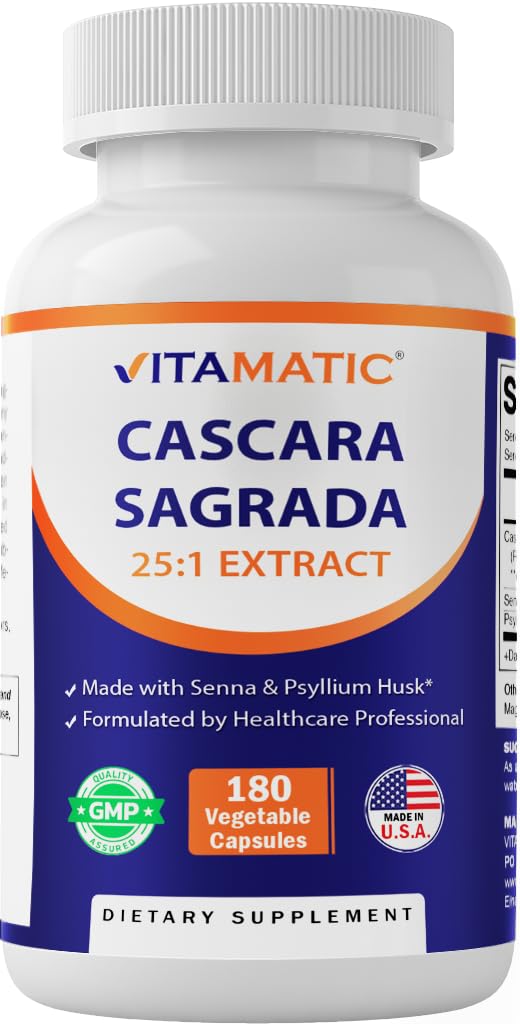 Vitamatska Cascara Sagrada Izdelana s Senna & Psylium Husk - 180 Veg kapsule - Koncentrirana 25X jakost - vse naravne - Non-GMO