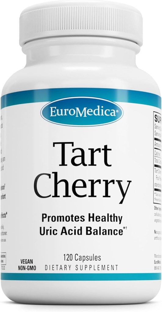 EuroMedica Tart Cherry - Antioksidant dodatek za podporo zdravo ravnovesje sečne kisline in skupno zdravje - Veganska prehranska dopolnila - prehransko dopolnilo za pomoč pri okrevanju po vadbi - 120 kapsul