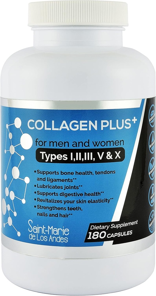 Več kolagenske tablete Plus + 180 kapsul (tipi I, II, III, V & X) + Absorpcijski pospeševalec (3 meseci oskrbe) - ne-GMO, kolagenski dodatki za podporo las, kože, nohtov, sklepov, & Gut zdravje