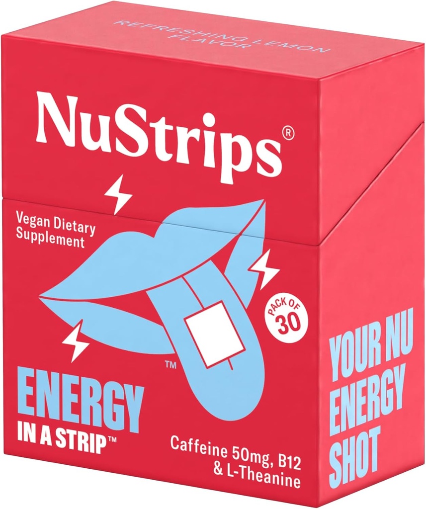 NustripsTM hitro raztapljanje energijskih pasov s 50 mg kofeina, L-teanina in vitamina B12 – Instant Energy & Fokus brez Jitters ali Crash – deluje hitreje kot kava – Osveži limona – 30 Strips