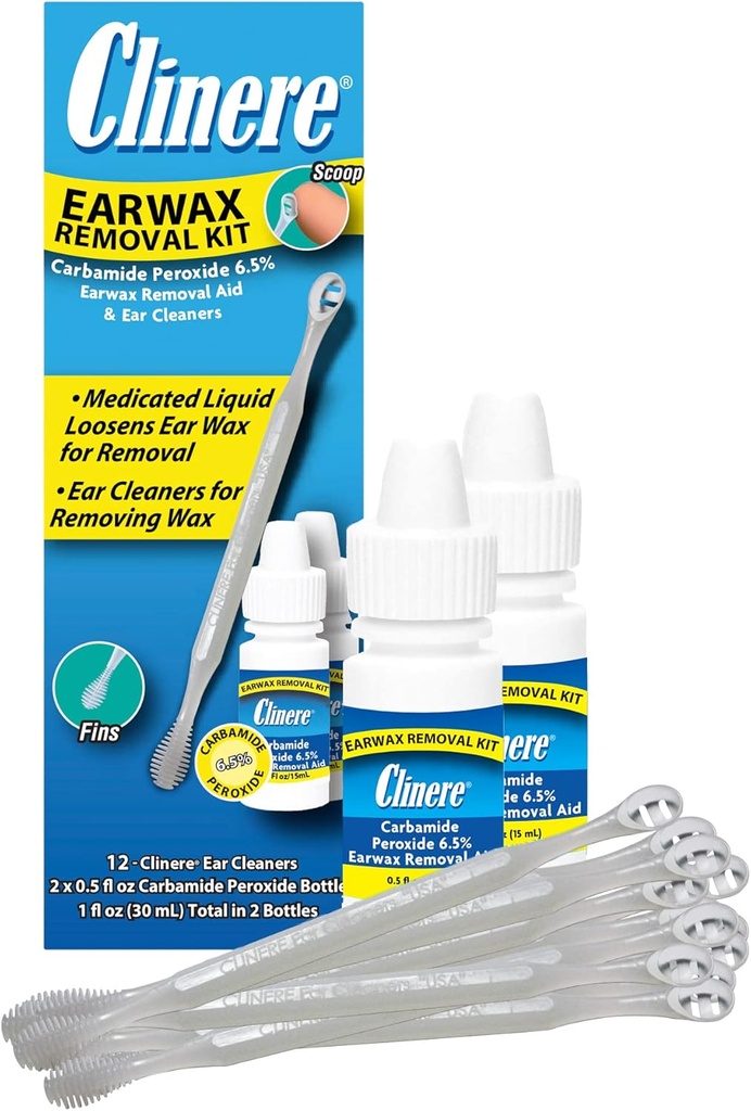 Clinere Earwax Odstranjevalni komplet, Varno in nežno čisto uho Wax, Srbečica Relief, Deluje takoj .5oz Karbamid Peroksid, 2 x .5 Fl Oz z 12 palice