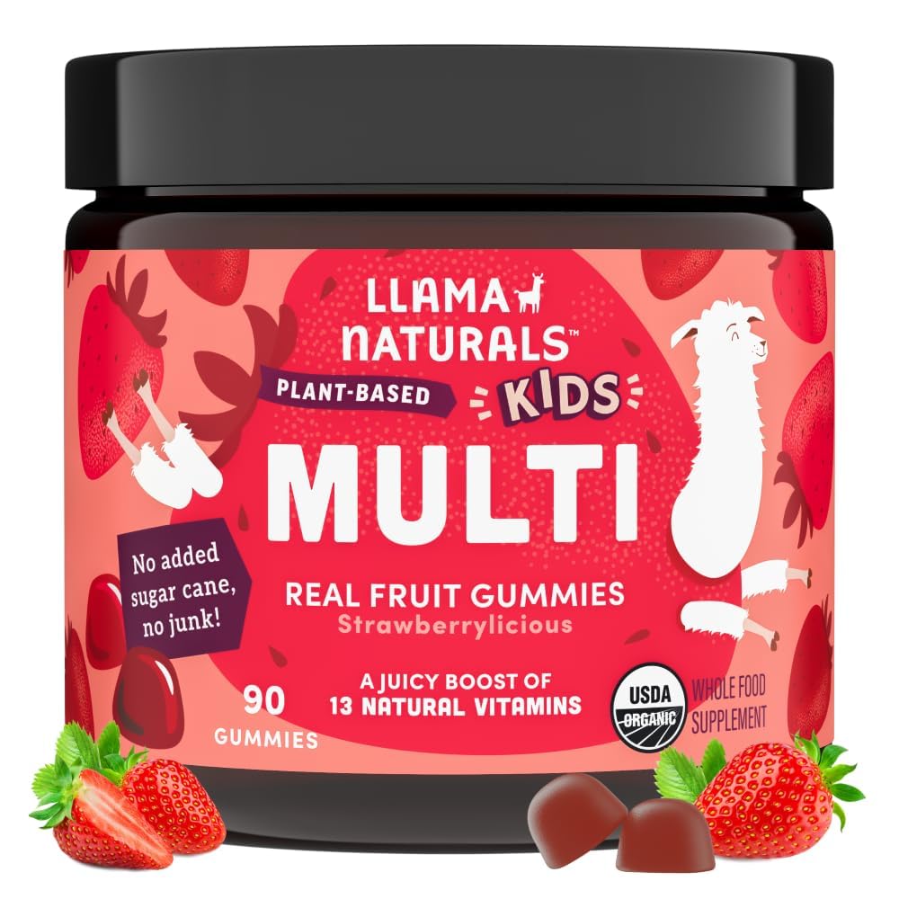 Llama Naturals Otroci Multivitaminski gumi, Vegan, Organski z vitaminom D, C & K, Toddler pravi gummy vitamini, Žvečljivi dodatek, Cela hrana Multivitaminski, Brez dodanega sladkornega trsa, Jagoda, 90 Ct
