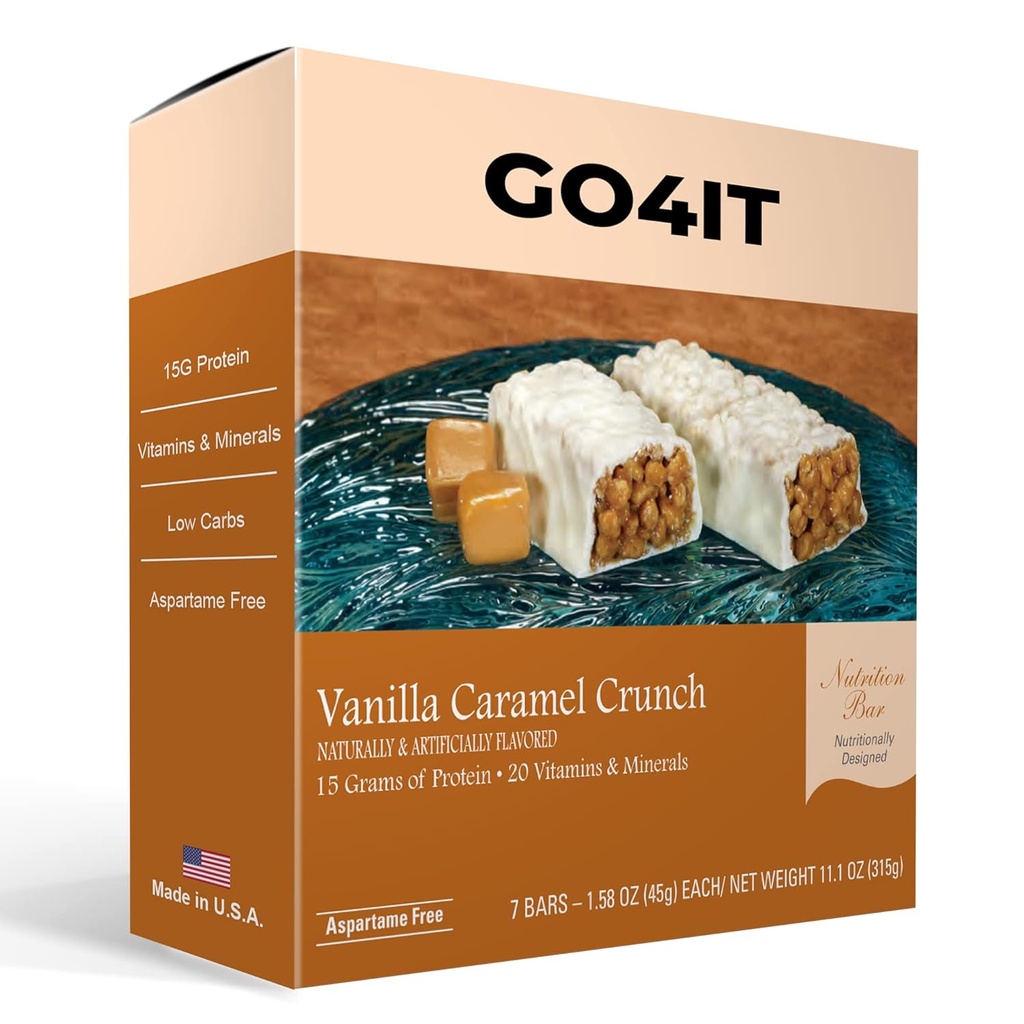 GO4IT Health Meal Nadomestna Bar, VISOKE Beljakovine Prehranska Bar, VISOKA Fiber, LOW Calories, KETO prijazen, On-the-go, Hujšanje Hrana Bar, 7 / Box - (Vanilla Caramel Crunch)