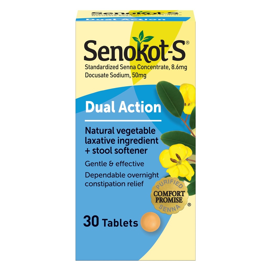 Senokot- S Dvojna akcija Natural Zelenjava Laksative Sestavina Plus Stool Mehčalo tablete, Docusate Natrij, Koncentrat senne, Nežen, Čez noč Relief iz občasno zaprtje, 30 ct