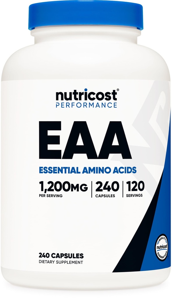 Nutricost EAA kapsule 1200 mg, 240 kapsul - esencialne aminokisline, 120 servingov - ne-GMO, brez glutena in vegana