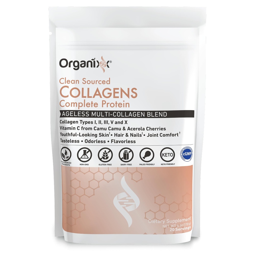 Organixx kolagen peptidi v prahu z vitaminom C, tipi I, II, III, V, X hidroliziran kolagen, lasje, nohti, koža, zdravje kosti in sklepov, podpora staranju, čist vir, Gluten prost, nearomatiziran, 20 Serving