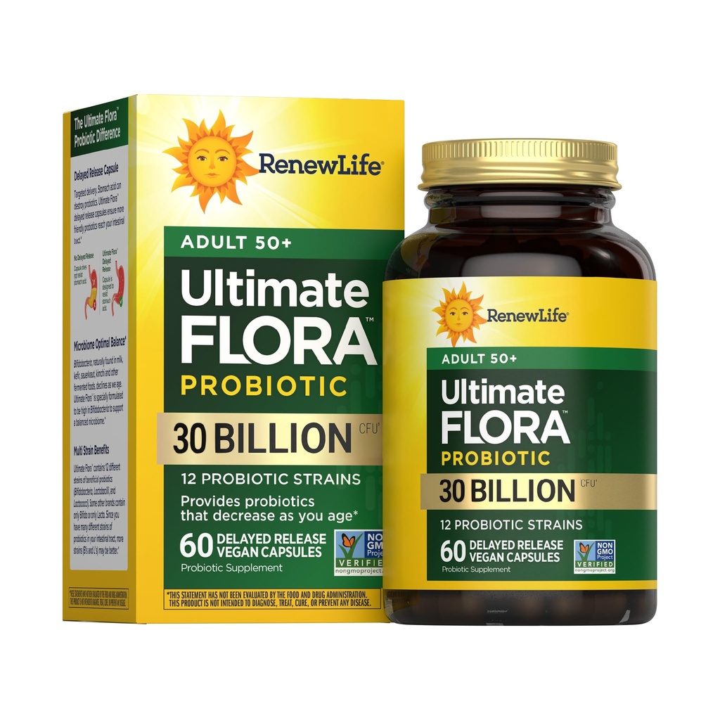 Renew Life Probiotic Adult 50 Plus Probiotične kapsule, Dnevni dodatki Podpora urinarno, Prebavno in imuno zdravje, L. Rhamnosus GG, Mlečni, Soja in gluten brez, 30 milijard CFU, 60 Število