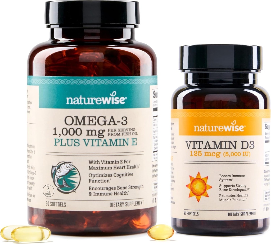 NatureWise High-Potencity 1000mg Omega 3 s 600mg EPA, 400mg DHA, & Vitamin E & Vitamin D3 5000iu (125 μg) Zdrava mišična funkcija in Imunska podpora