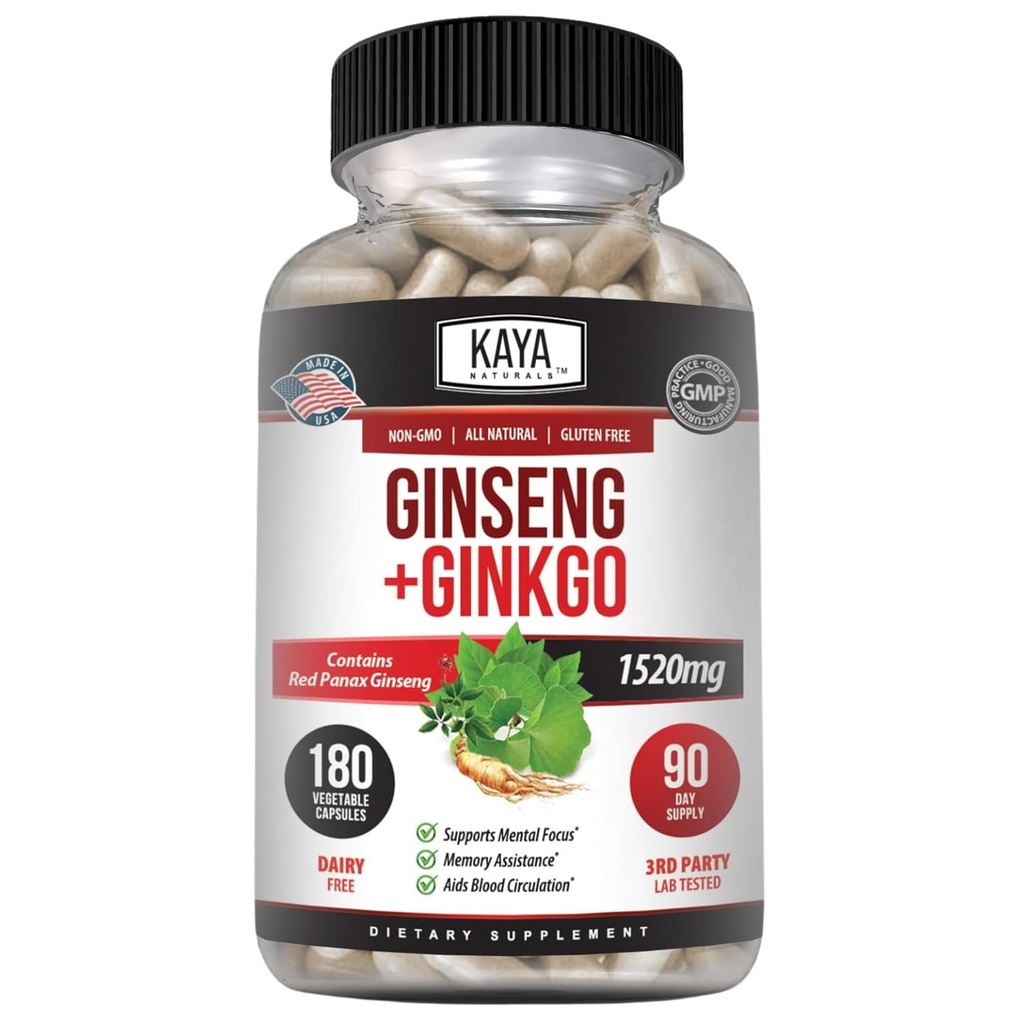 Kaja Naturals Red Panax Ginseng + Ginkgo Biloba - Nootropic Brain Supplement - Kognitivna in koncentracija podpora - Brain Booster, Focus, in Memory Supplement - 180 Kapsule