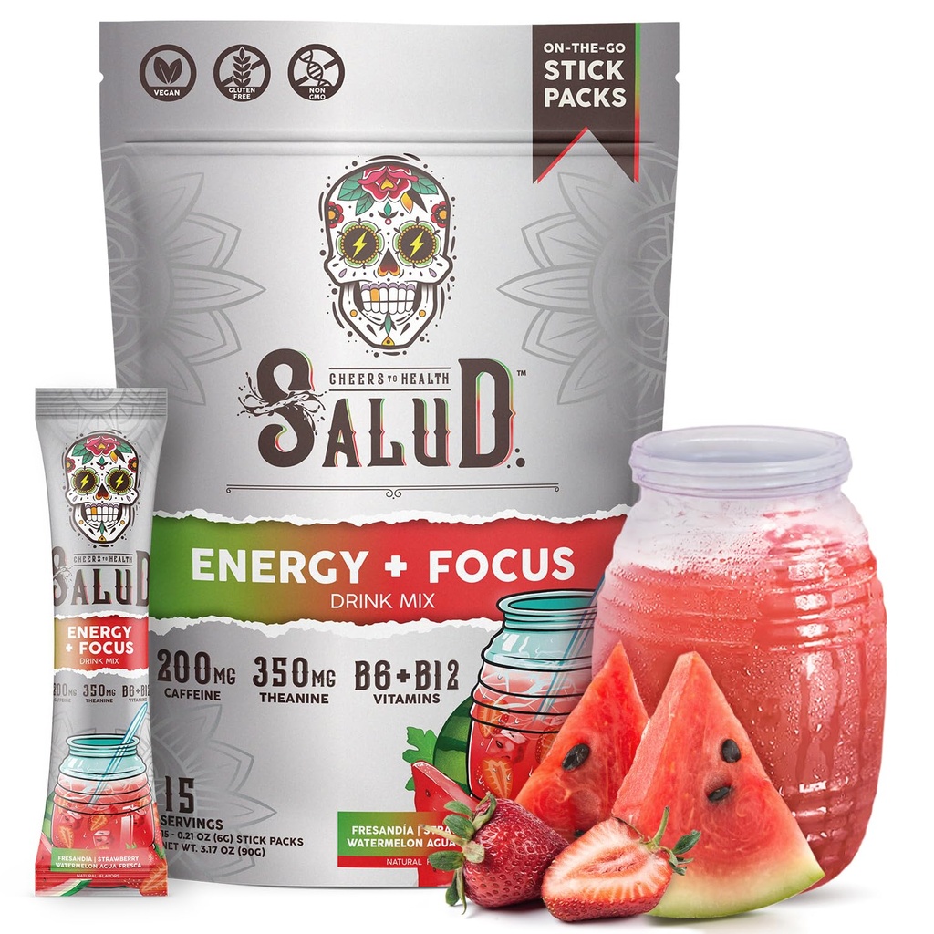 Na zdravje 2-v-1 Energijski napitek v prahu + fokus, Jagodna lubenica, organska kofein, B6 + B12, Teanin, Čista energijska pijača Packets, Fresandia Agua Fresca Mix, Non-GMO, Gluten Free, Vegan, 1g sladkorja, (15 Serving)