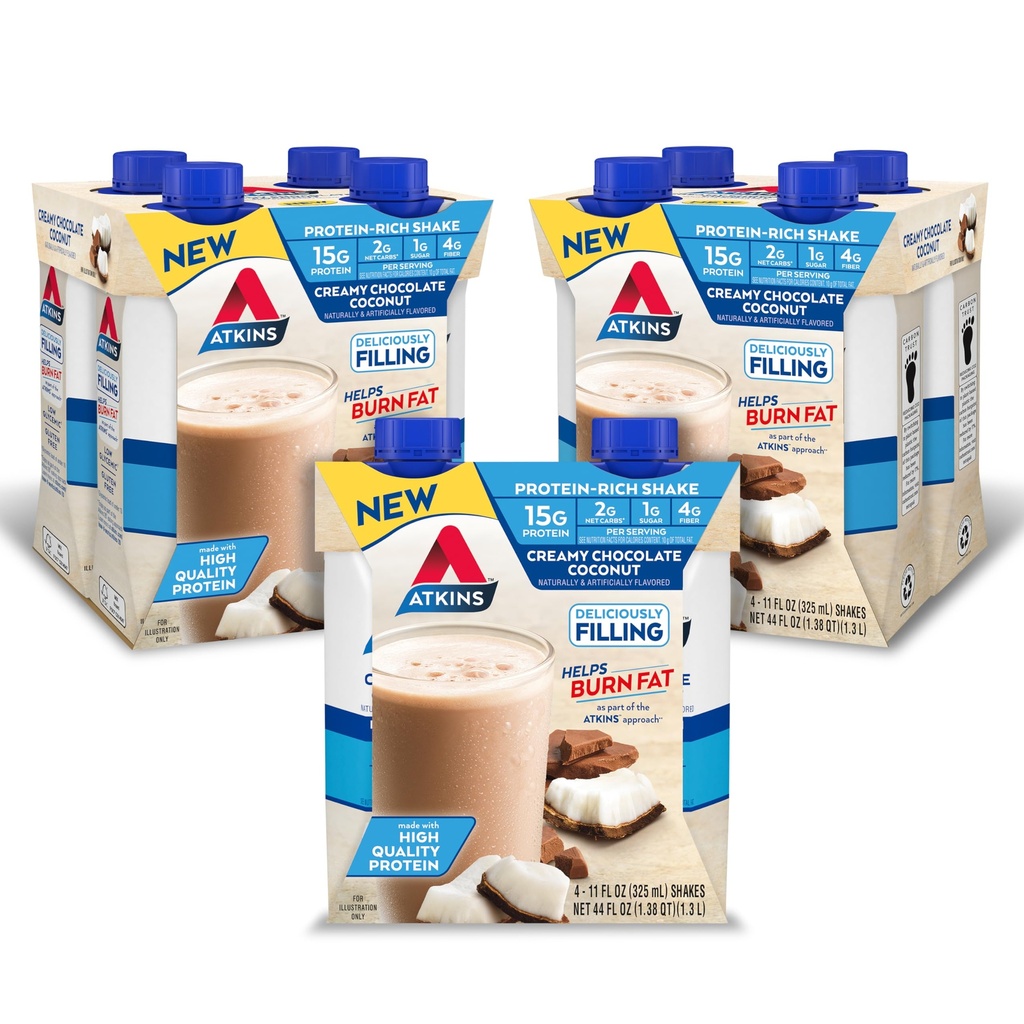 Atkins Creamy Chocolate Coconut Protein Shake, 15g beljakovin, 2g neto ogljikovih hidratov, 1g sladkorja, Keto prijazno, 12 grof