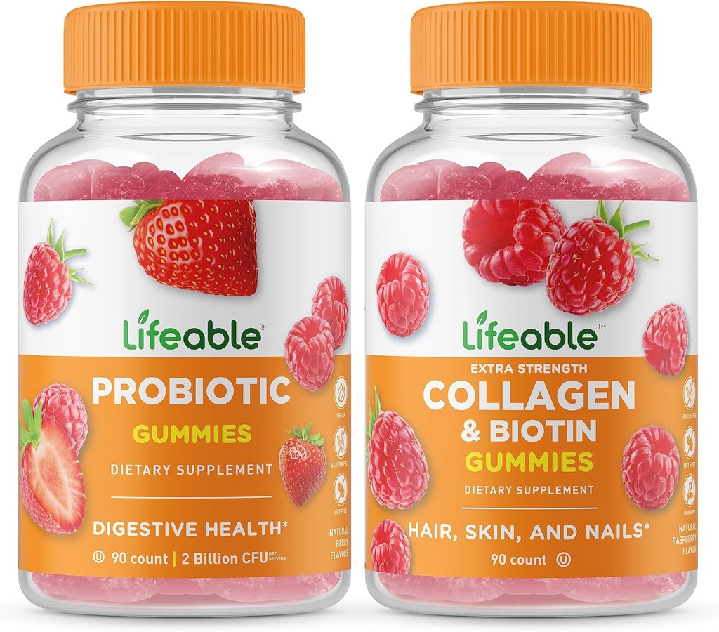 Življenjski probiotik 2 milijarda CFU + Kolagen & Biotin, Gummies Bundle - odlično degustacijo, Vitamin dopolnilo, Gluten brezplačno, GSO brezplačno, Žvečljivi Gummy