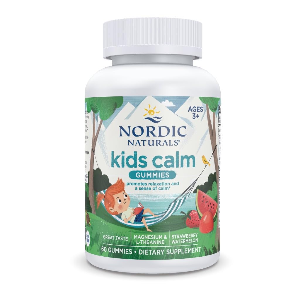Nordic Naturals Kids Calm Gumies - Jagodna lubenica - 60 Gumies - Magnezij L-Theanine dodatek - Umirjanje za otroke - Podpora sprostitve - Do 60 Serving