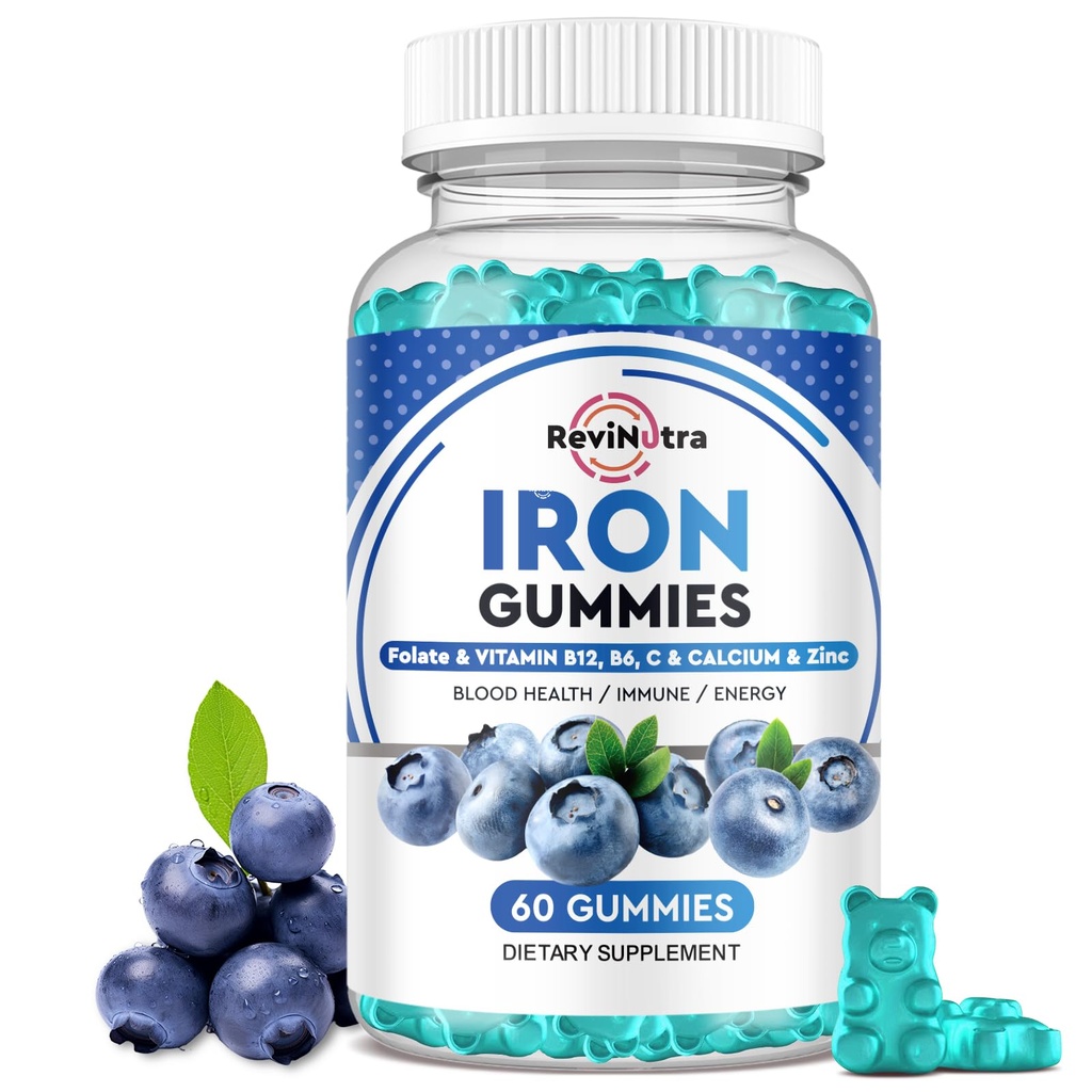 Iron Gummies - s kalcij, cink, Folat in vitamin B12, C,B6 za odrasle in otroke - Blood Builder & Energy Support for Iron Deficiency, Anemija, Vegan - Blueberry Flavor, 60 Gummies