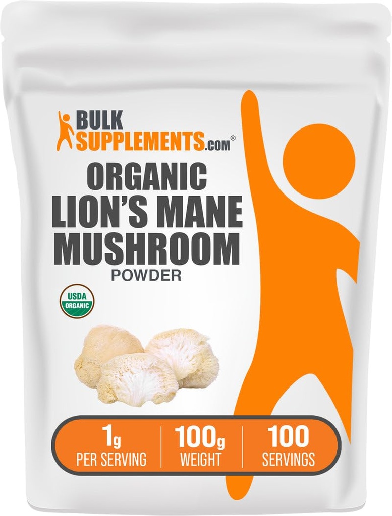 BulkSupplements.com Organic Lions Mane Gobe Powder - Lions Mane Powder, Gobe Dodatek - Vegan & Gluten Free, 1g na Serving, 100g (3.5 oz) (Pack of 1)