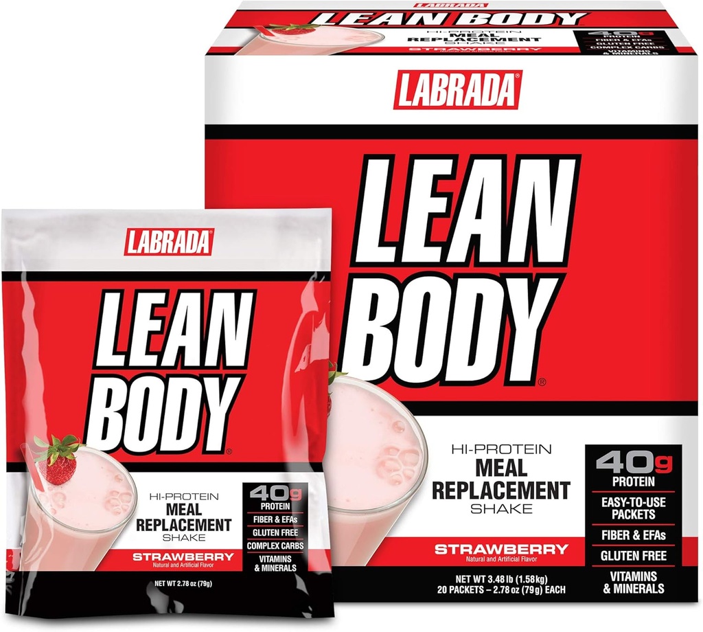Labrada Lean Body MRP All-In-One Jagode Nadomestni Shake, 40g Beljakovine, Whey Mešanica, 8g Zdrave maščobe EFA & Fiber, 22 Vitamini in minerali, Brez umetne barve, Gluten brez, (20 Paketi)