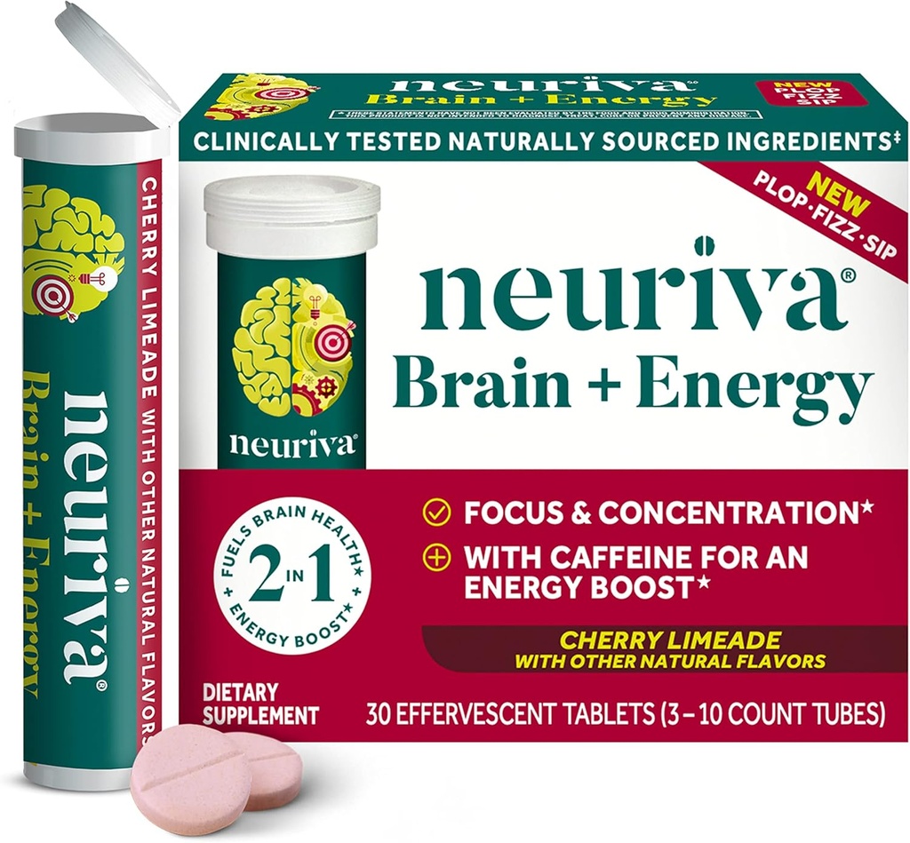 NEURIVA Brain + Energy dodatek s klinično testiran nevrofaktor za fokus in koncentracijo, vitamin B12, & 150mg kofeina za takojšnjo energetsko okrepitev, 30ct Cherry Limeade šumeče tablete