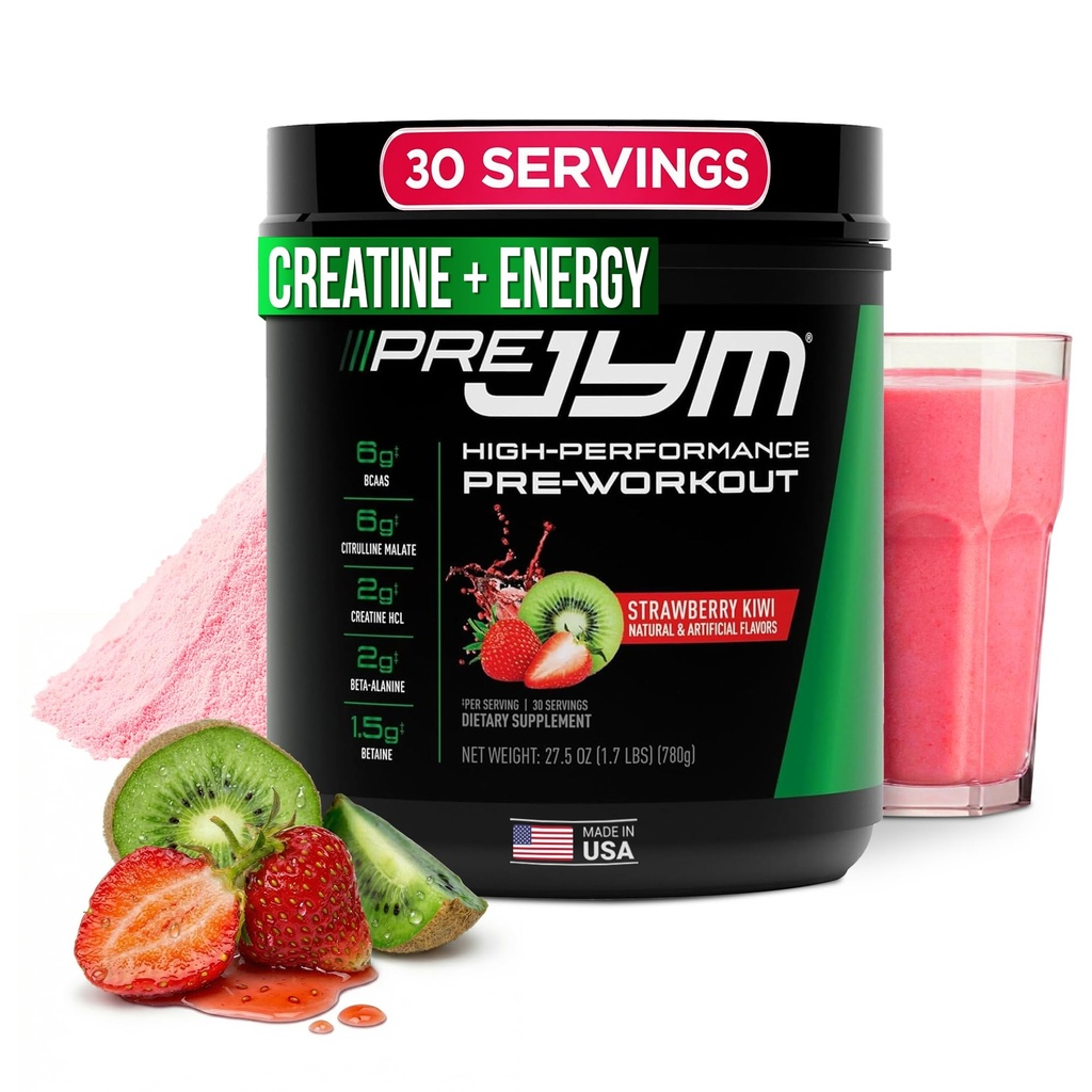 JYM Supplement Science Pre JYM Strawberry Kiwi Pre Workout Powder - BCAAs, Nootropics, Creatine HCI, Citrulin, Beta-Alanin, Betain, Taurin, Huperzin 30 Servings