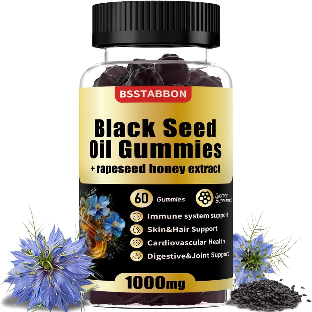 Olje črnega semena Gumies z 1000mg organsko olje črnega semena, 25mg izvleček repičnega semena medu,Vitamin B6,B12 in cink za podporo imunskega sistema (60 Gumies) (60 Count)