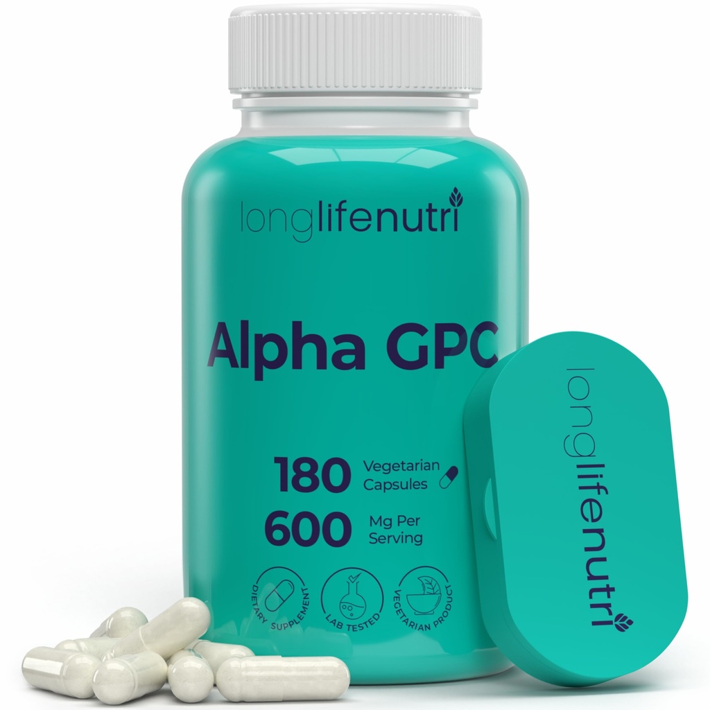 Alpha GPC Choline dodatek 600mg – 180 Vegetarijanske kapsule, visoka čistost Nootropic za dnevno energijo, 3-mesečna dobava, Acetilholin Vir za kognitivno in duševno jasnost, GMP Certified, Made in USA