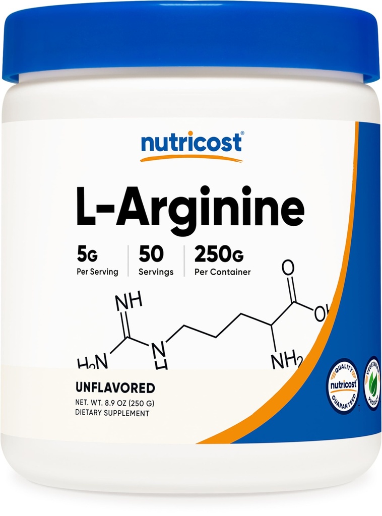 Nutricost L-arginin (250 gramov) - čisti L-arginin v prahu - 5000mg na obrok; 50 serviranja