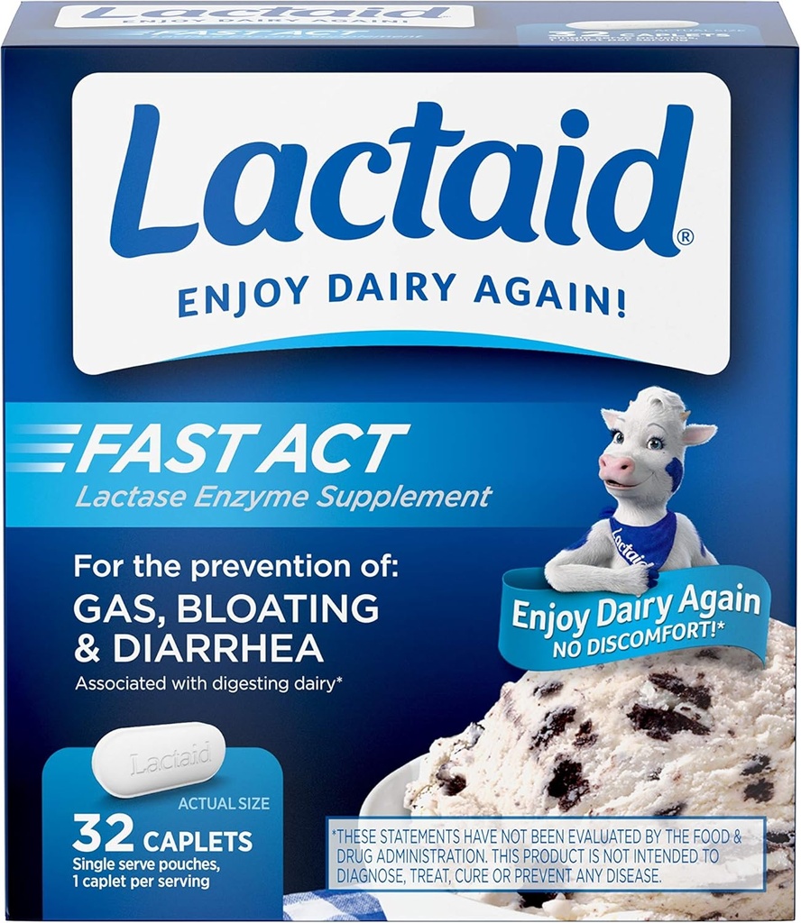 Lactaid Fast Act Laktoza Intolerance Relief Caplets with Lactase Enzyme, 32 Travel Packs with 1-ct.